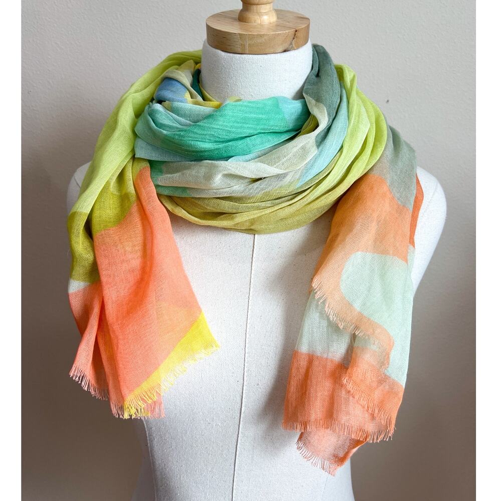 Women's Boho Lightweight Colorful Cotton Scarf Green Orange Abstract Artsy Funky